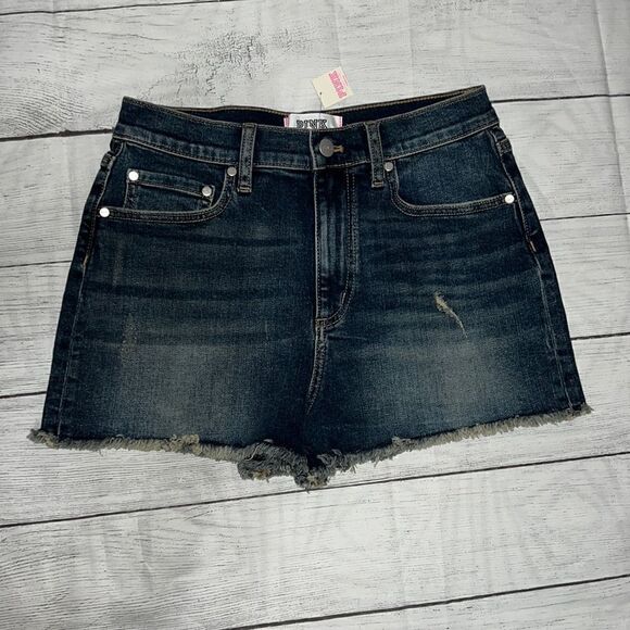 NEW Pink VS Victoria’s Secret High-Waisted Cut Off Distressed Denim Shorts sz 8 - Picture 1 of 4